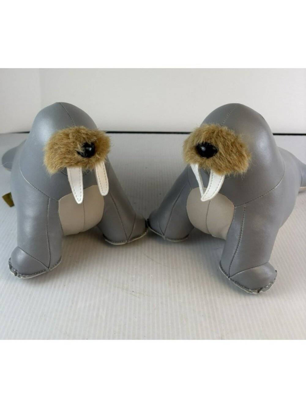 Zuny Walrus Bookends Pair Rare Gray Wheat Colorway Coastal Decor Faux Leather